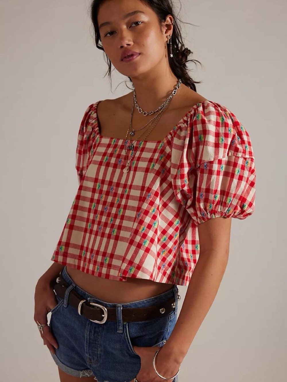 Free People Picnic Breeze Top - Red and Cream Plaid Puff-Sleeve Crop Top